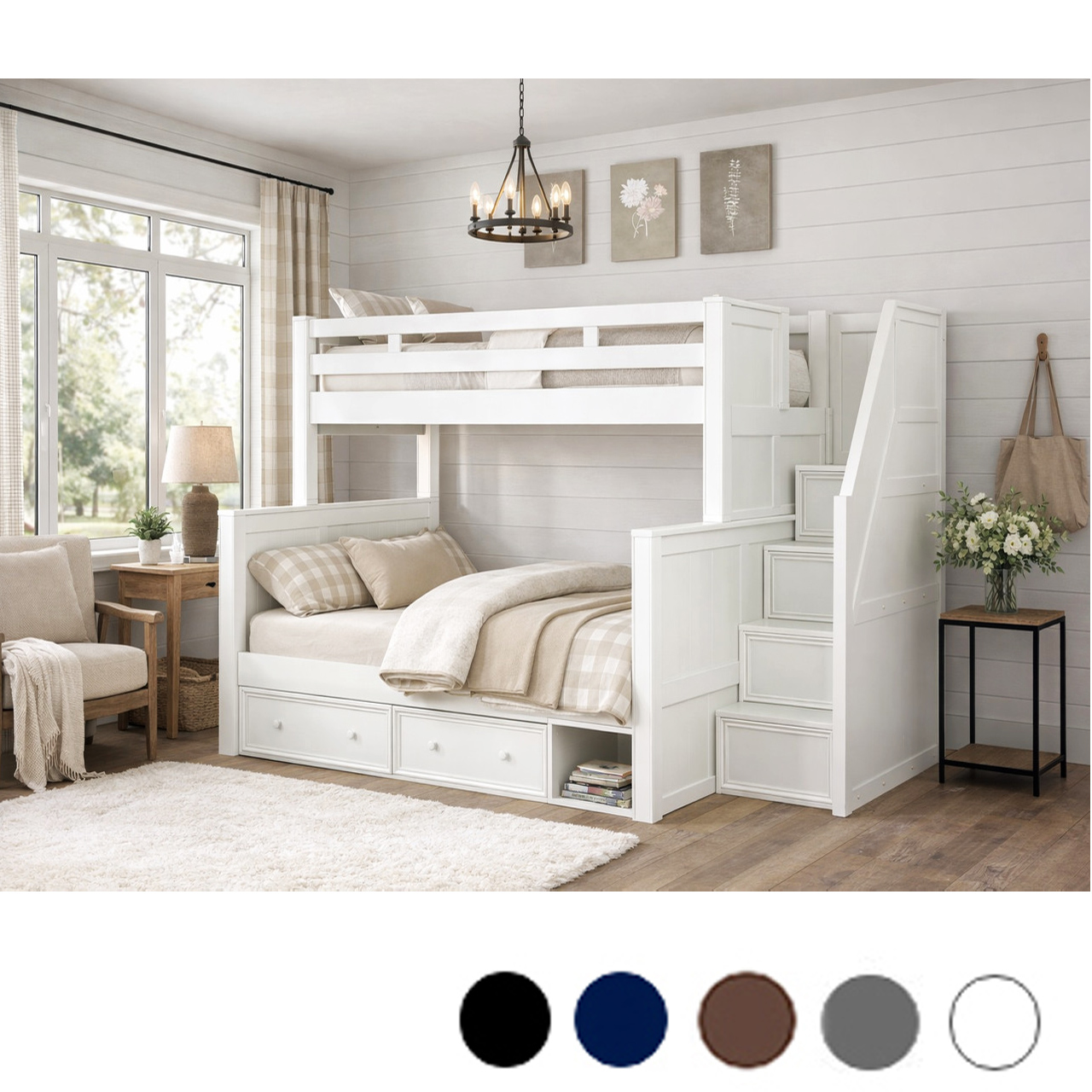 Twin XL over Queen Dual Setting Bunk Bed w/ Stairs in White, Blue