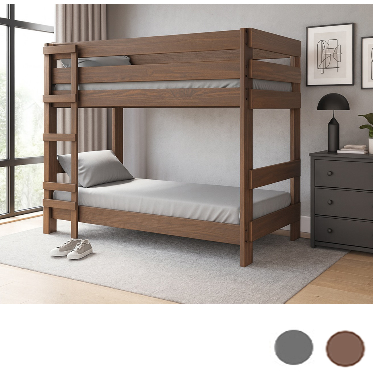 Farmhouse Twin XL Bunk Bed in Mahogany Brown and Charcoal Gray