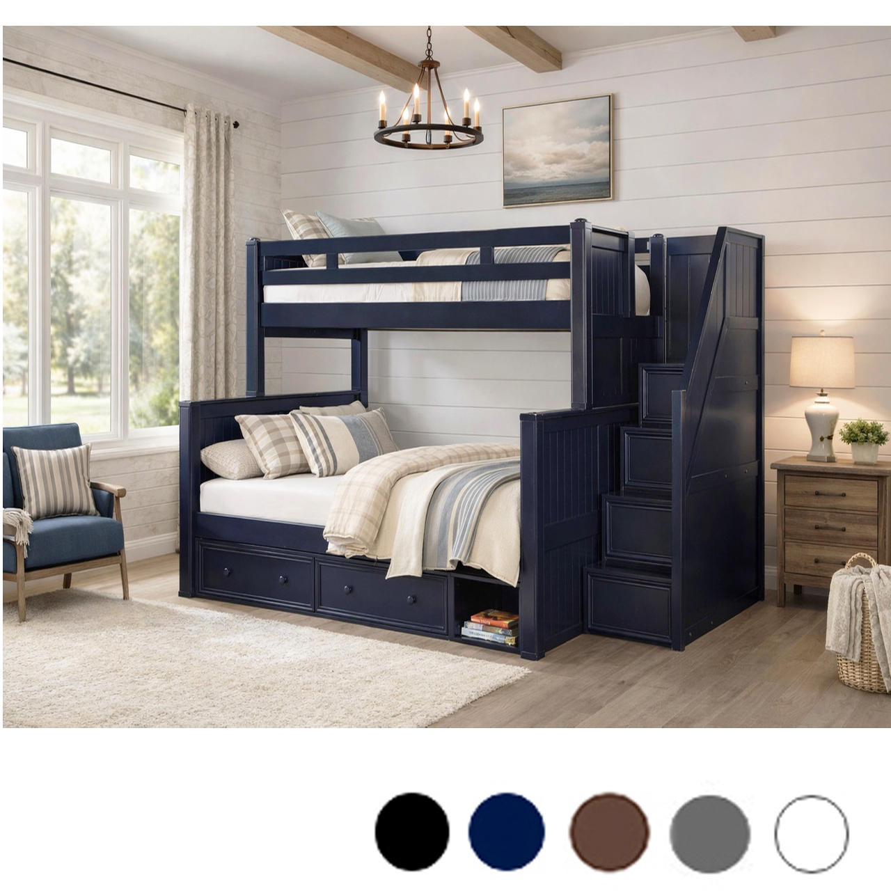 bunk bed with dresser Dillon XL Twin over Queen w/ Storage Stairs Color:AMERICAN BEAUTY CAROLINA BLUE Governors Gun Club | col-tropical-2026 Triple bunk The 2 drawers under