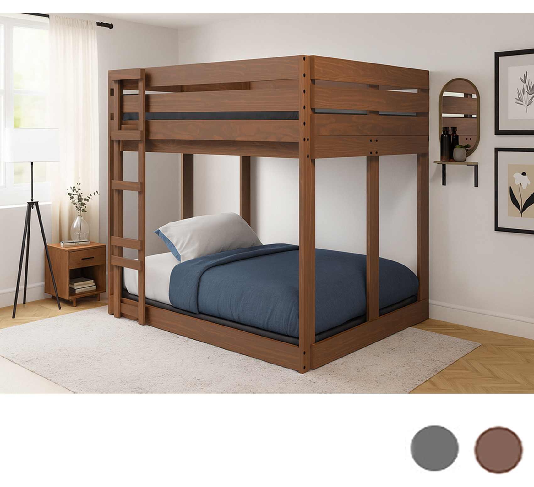 Queen Size Bunk Bed for Adults in Mahogany Brown and Charcoal Gray