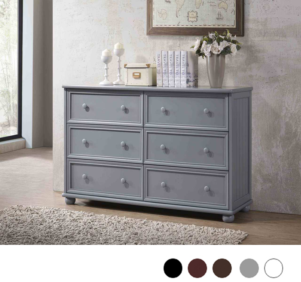 Dillon Bead Board 6-Drawer Dresser in Gray, Blue, White, Black
