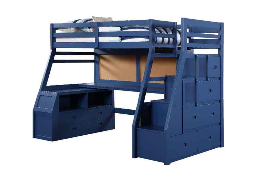 Navy blue loft bed with staircase, drawers, and built-in desk