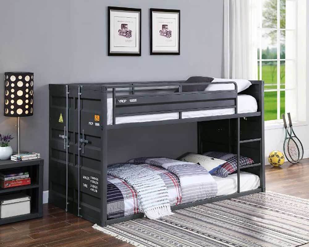 Container-themed metal bunk beds for kids featuring a rugged finish, side ladder, and compact design