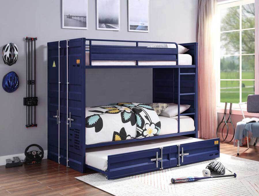 Blue industrial-style metal bunk bed with built-in trundle and side ladder