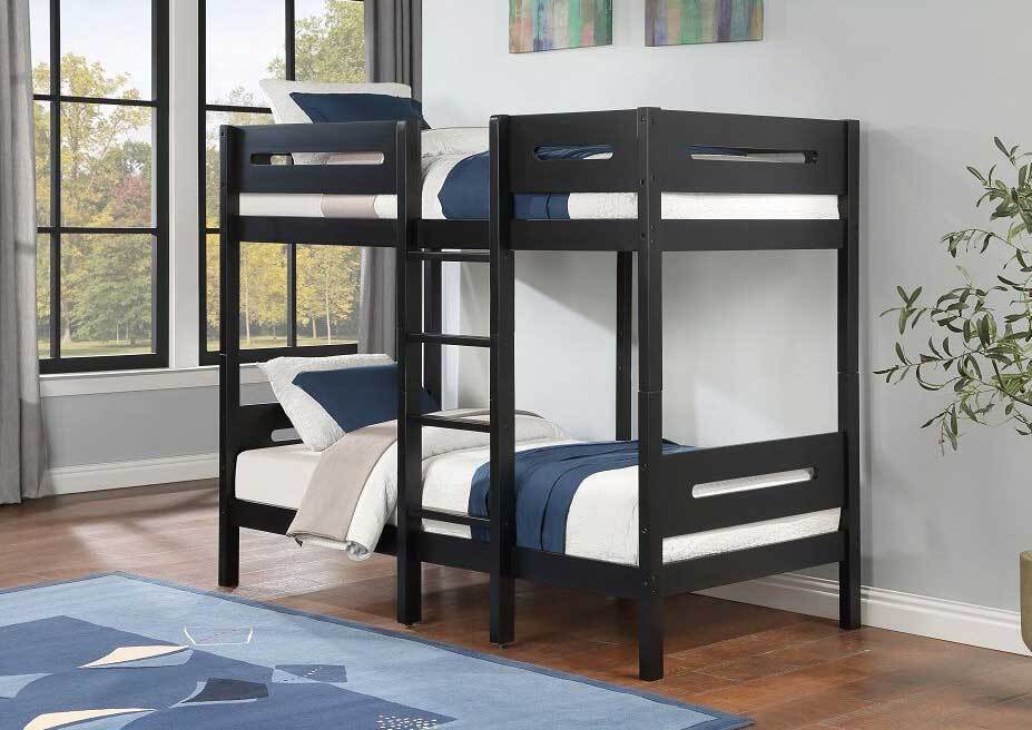 Black twin-over-twin wooden bunk bed with built-in ladder 