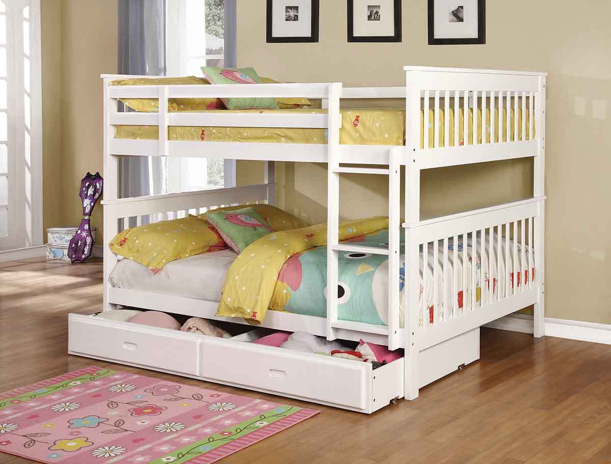 Classic white wooden bunk bed with slatted guardrails, an angled ladder, and under-bed storage drawers
