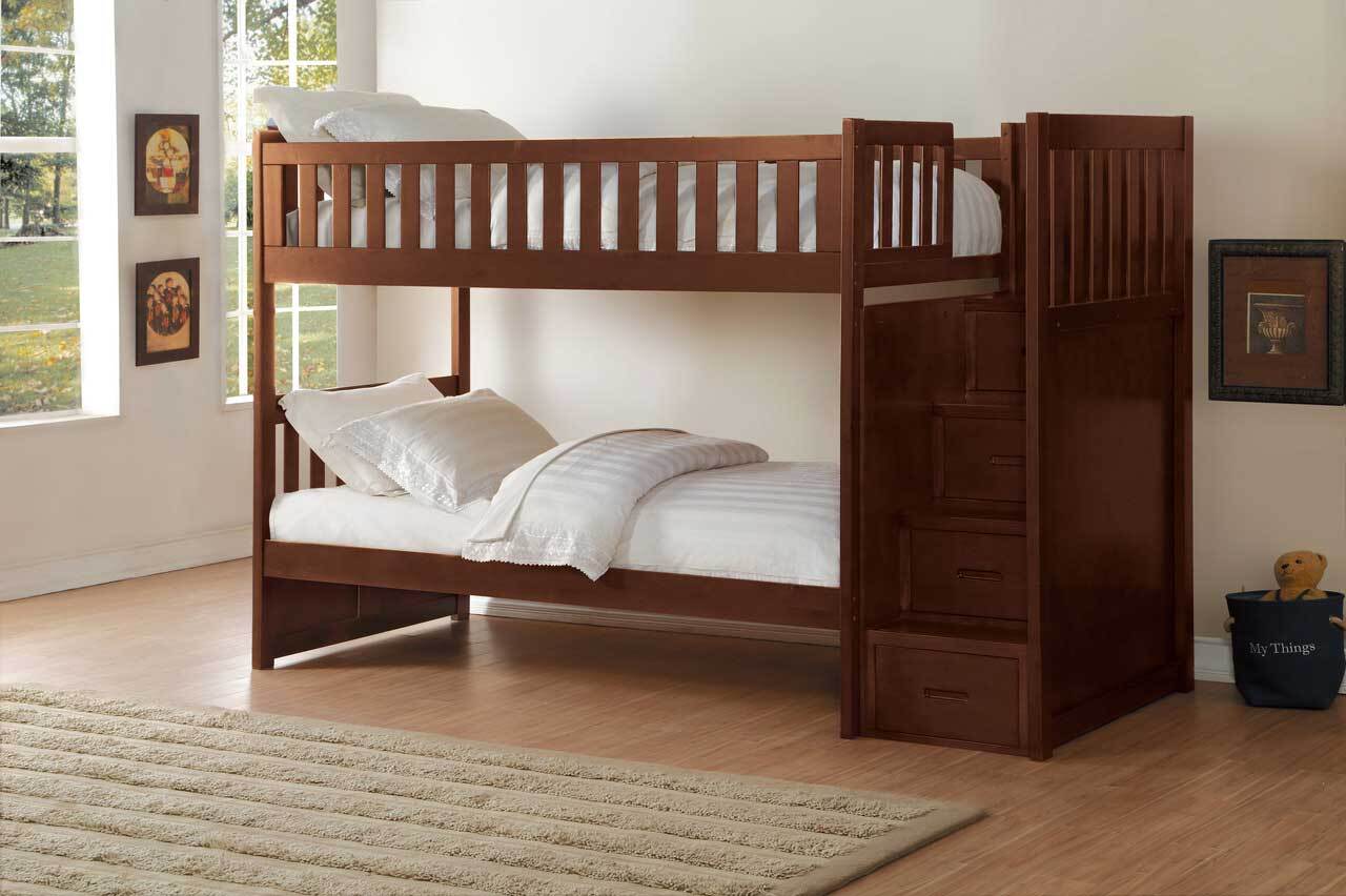 Wooden twin bunk bed with staircase and built-in storage drawers in a warm brown finish 