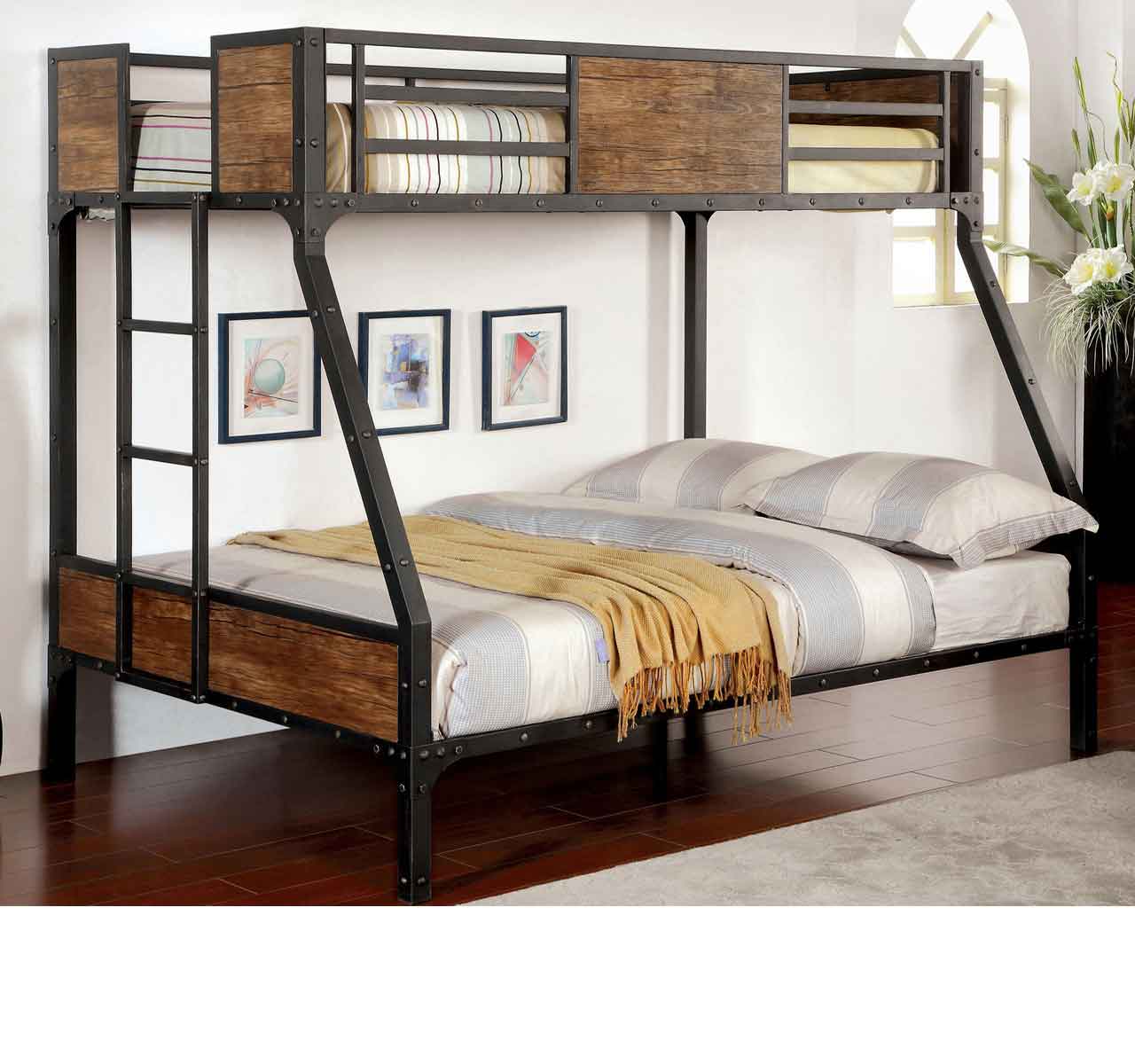Twin-over-full bunk bed featuring a rustic wood finish and metal frame with a modern industrial design.