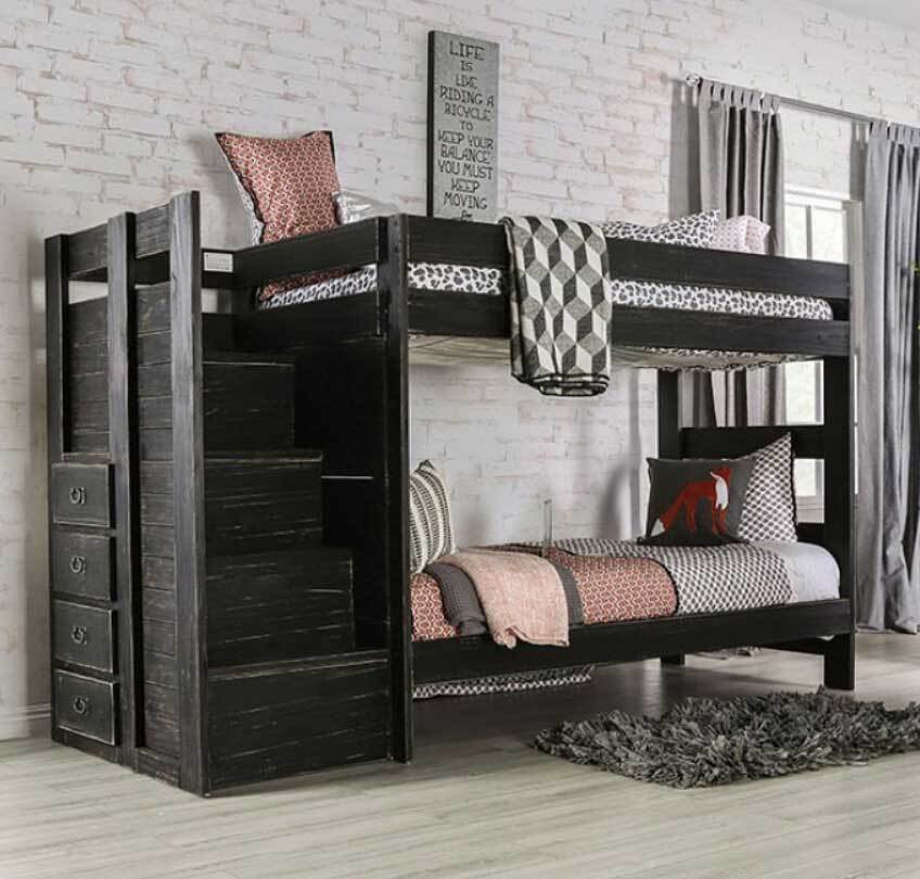 Black twin-over-twin bunk bed with distressed wood finish, side stairs, and storage drawers