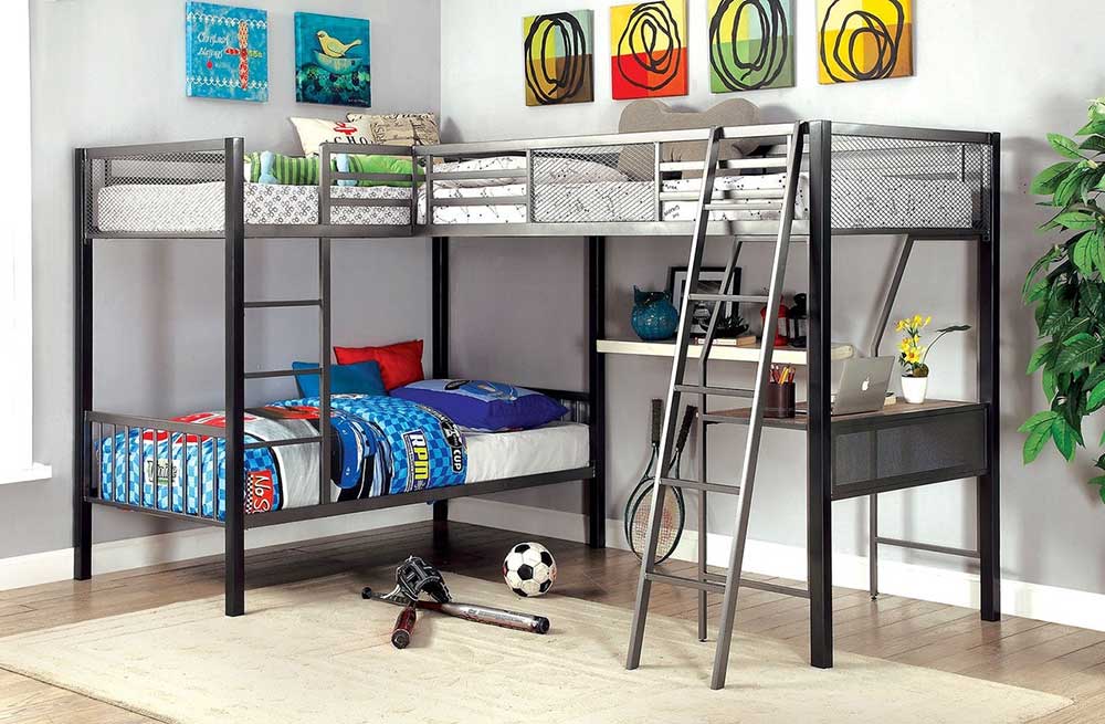  Modern Children's Room with L-Shaped Triple Bunk Bed and Desk