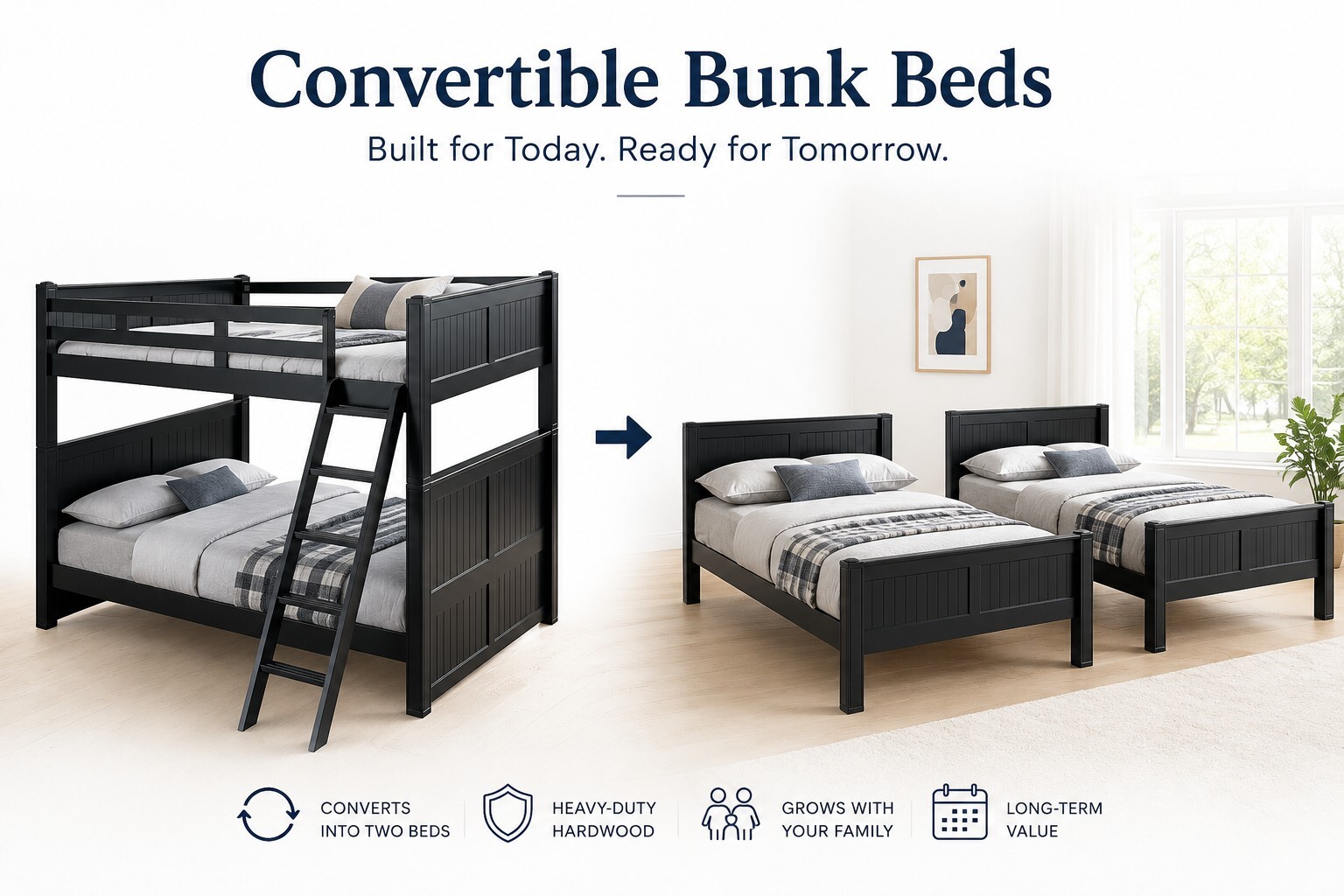 Convertible hardwood bunk bed shown as a bunk bed and separated into two individual beds Convertible hardwood bunk bed shown as a bunk bed and separated into two individual beds