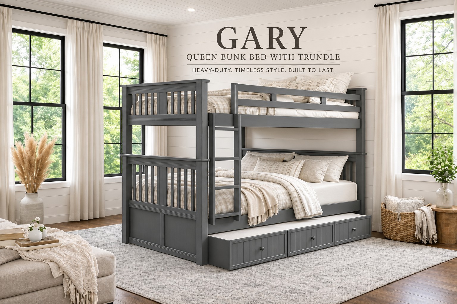 Gary Queen over queen bunk bed with trundle in gray heavy duty