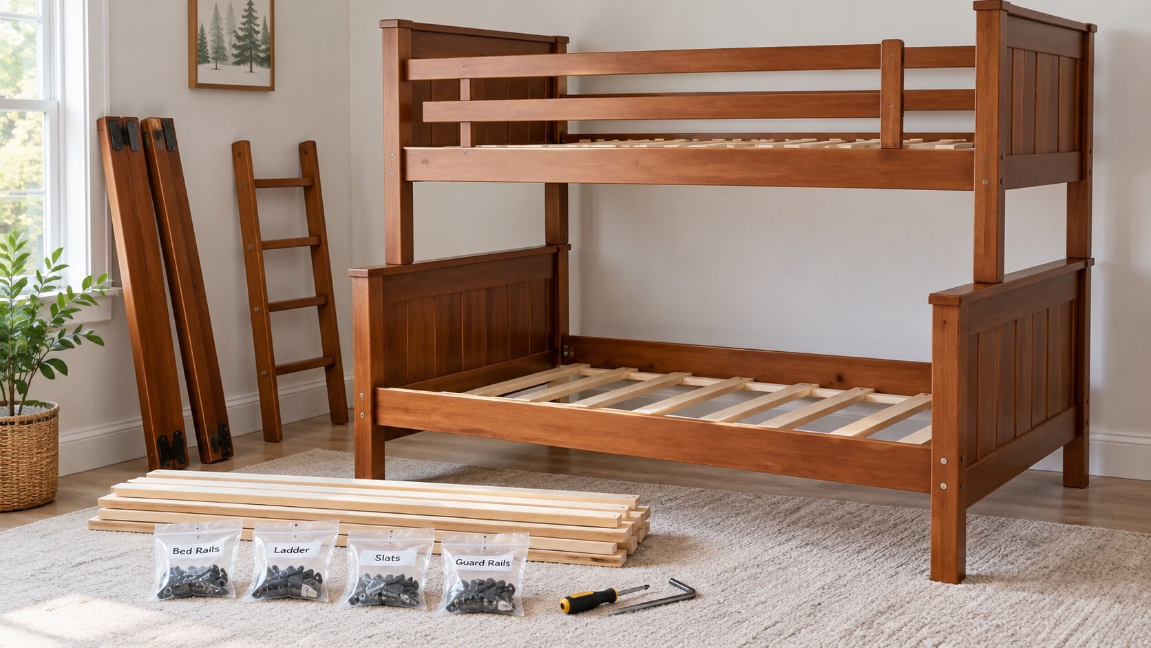 Wood bunk bed partially disassembled for moving or storage Wood bunk bed partially disassembled for moving or storage