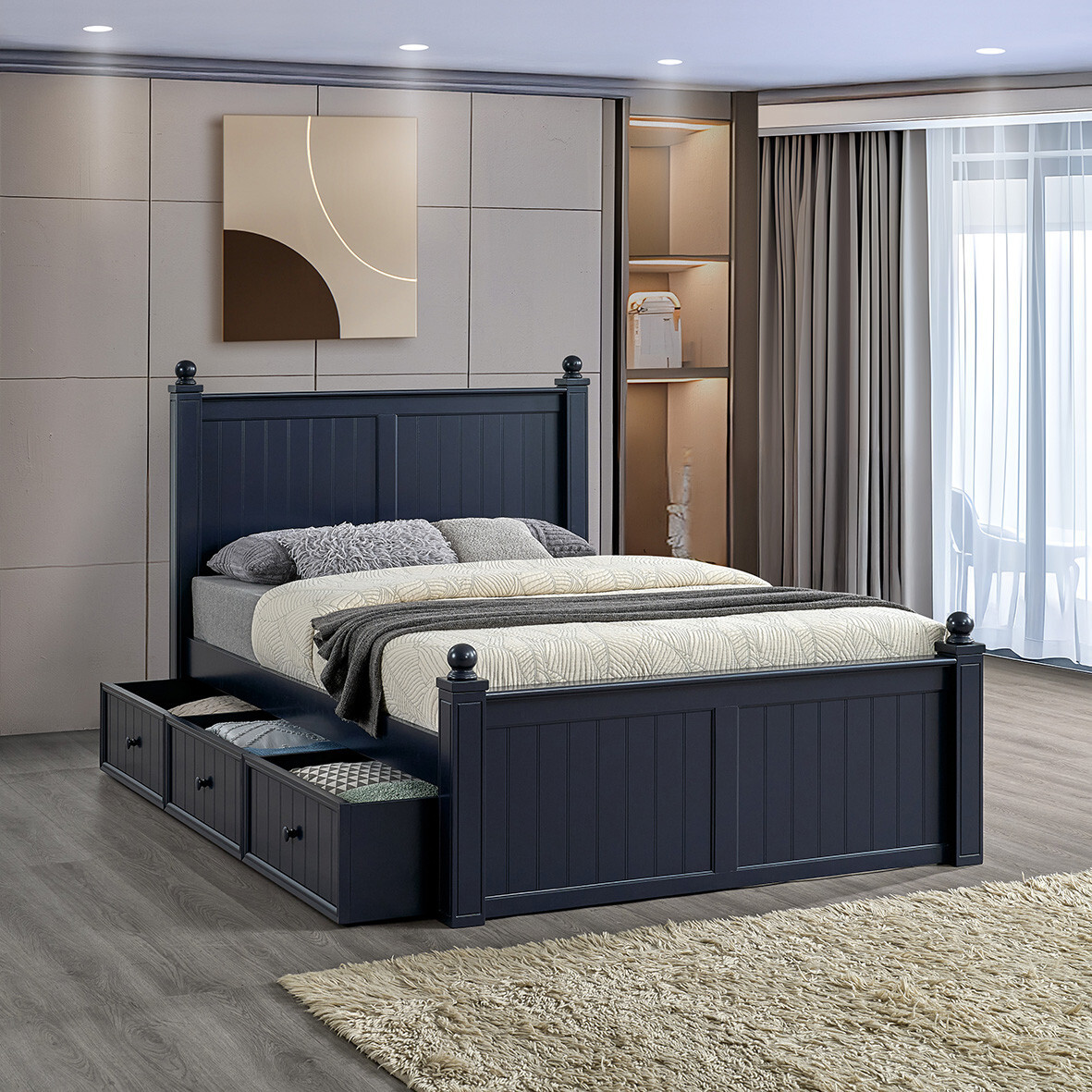 Dillon Beadboard Bed with trundle in navy blue