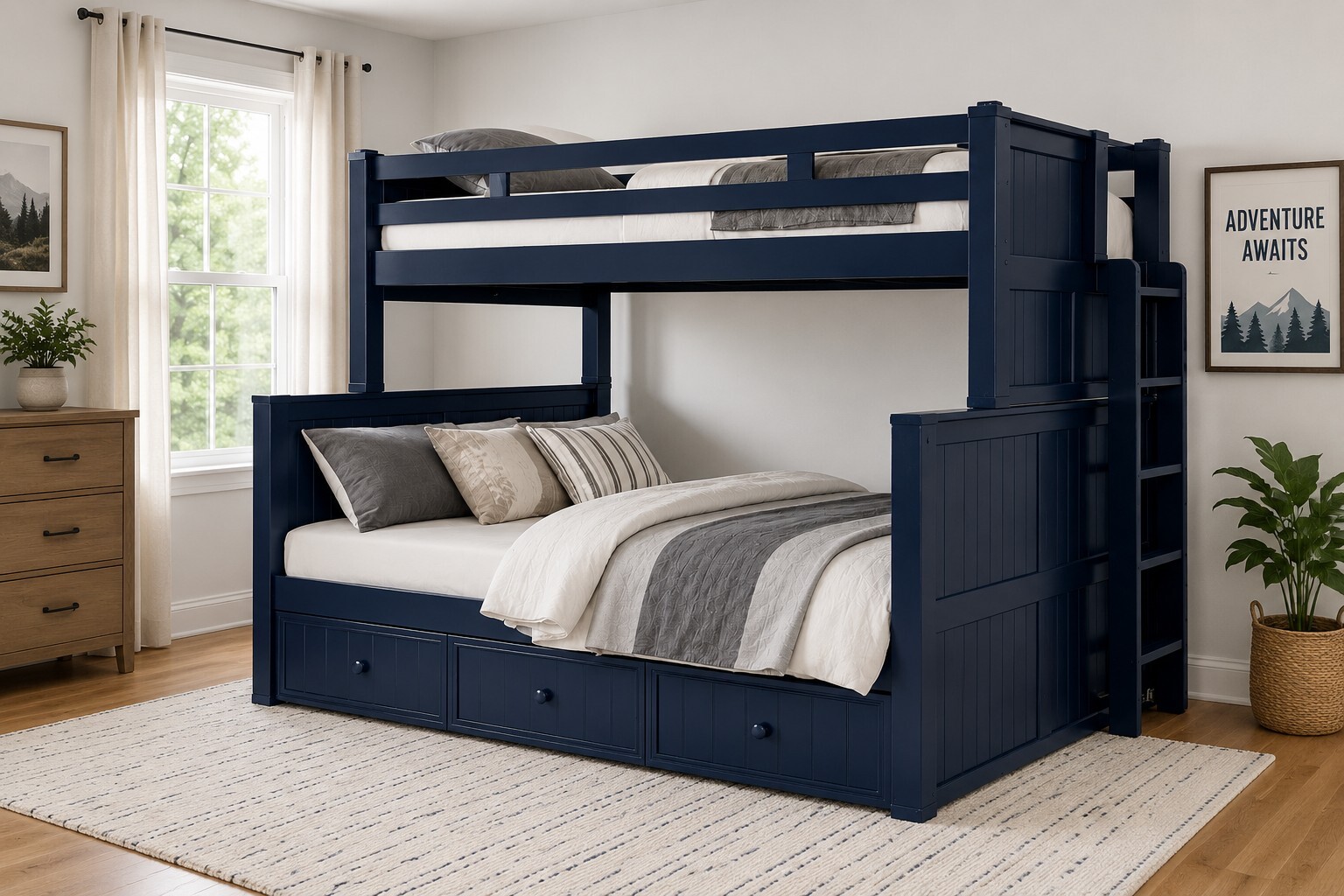 Dillon Twin over Full dual-height bunk bed in a bedroom Dillon Twin over Full dual-height bunk bed in a bedroom