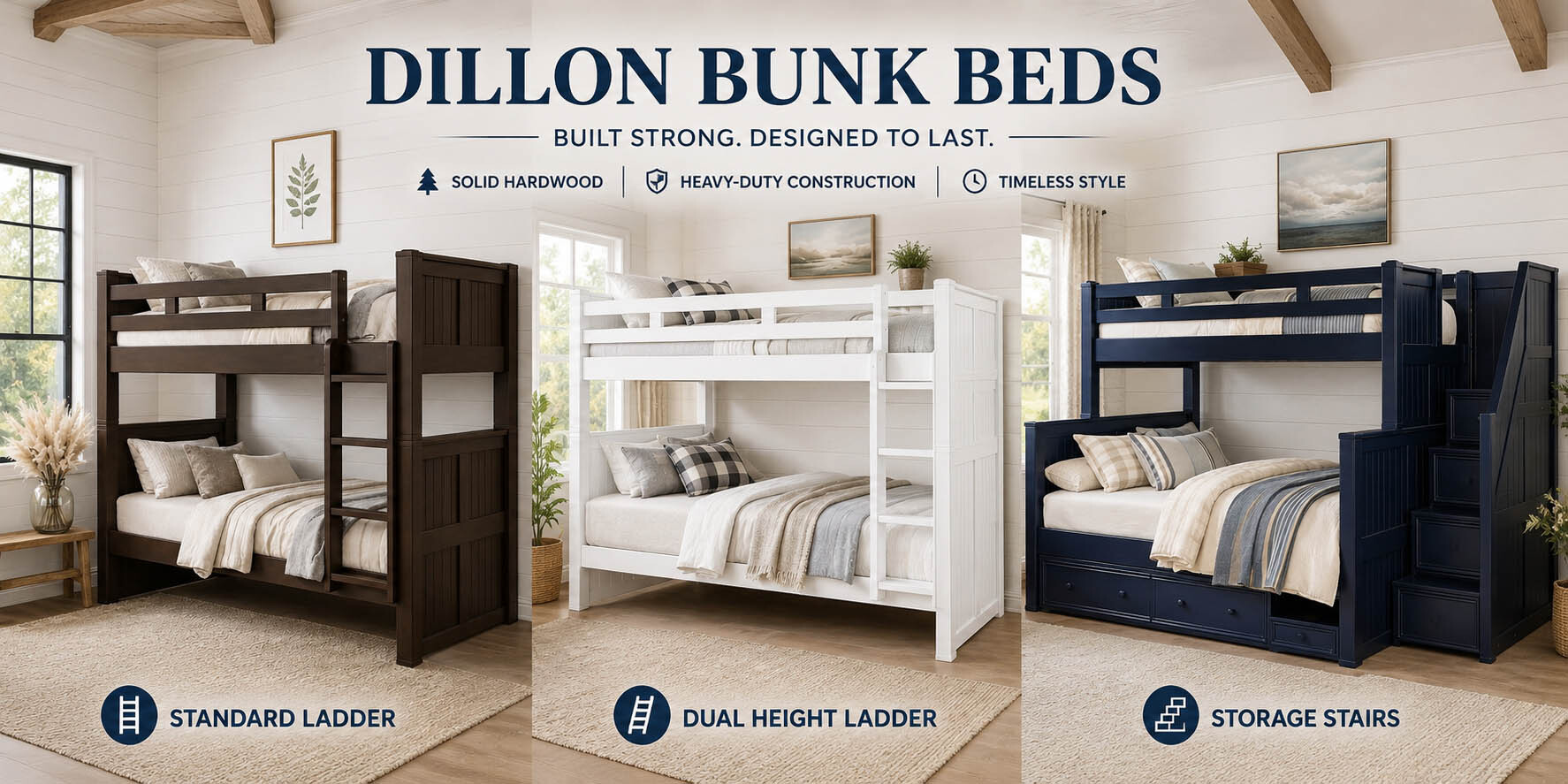Dillon bunk bed comparison showing standard ladder, dual height ladder, and storage stairs