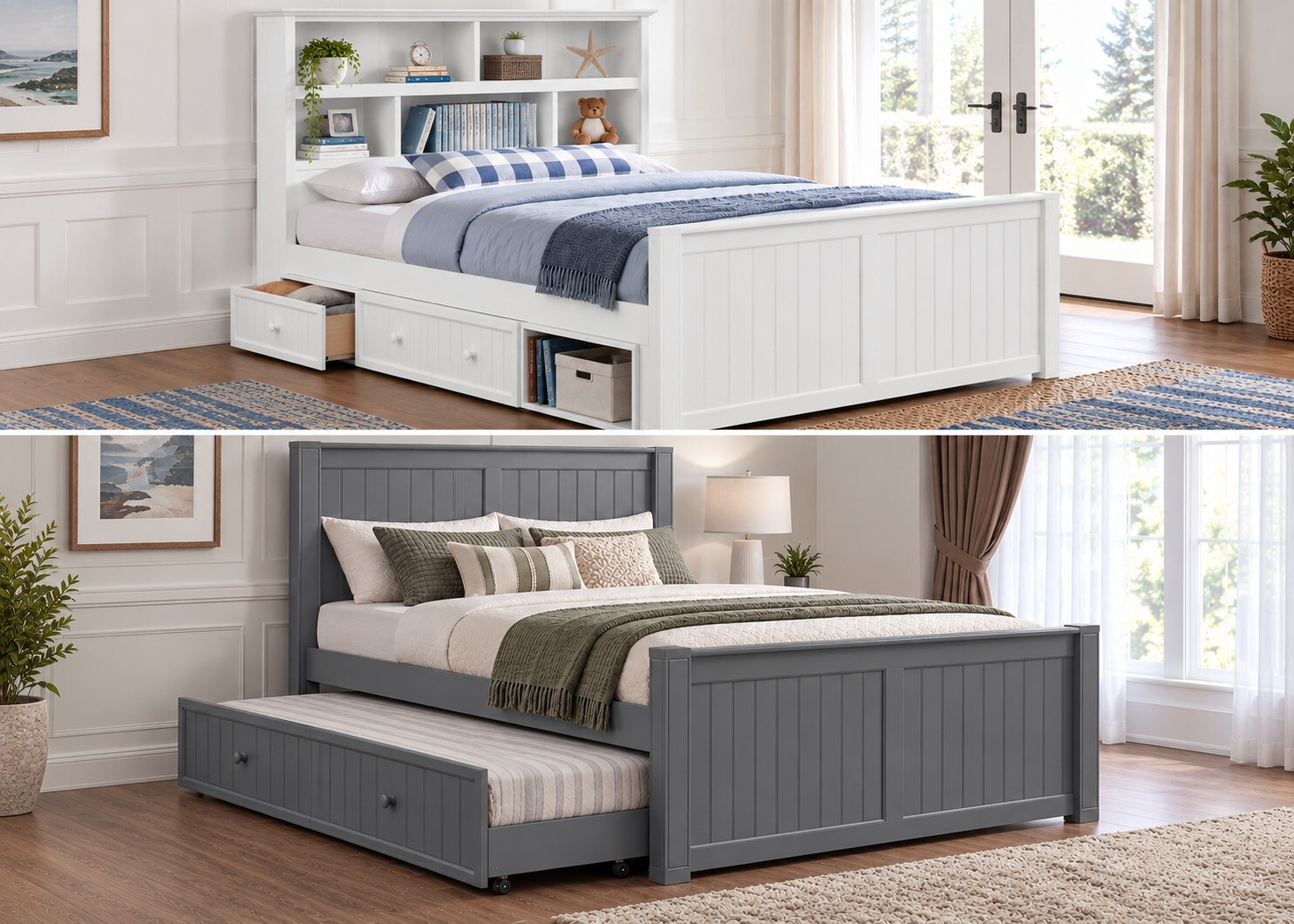 Dillon Bookcase Captain&rsquo;s Bed with storage drawers and Dillon Beadboard Bed with trundle