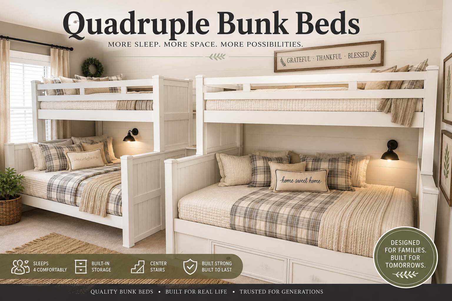 Quadruple bunk beds buying guide featuring a heavy-duty solid hardwood bunk bed with center storage stairs