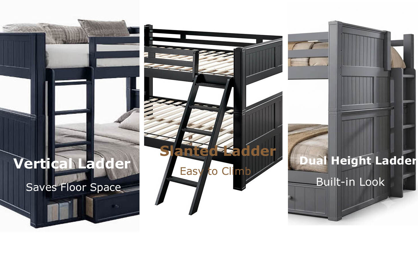 Dillon Vertical Slanted Dual Height Ladders Comparison of vertical, dual height, and slanted ladder options for heavy-duty hardwood bunk beds