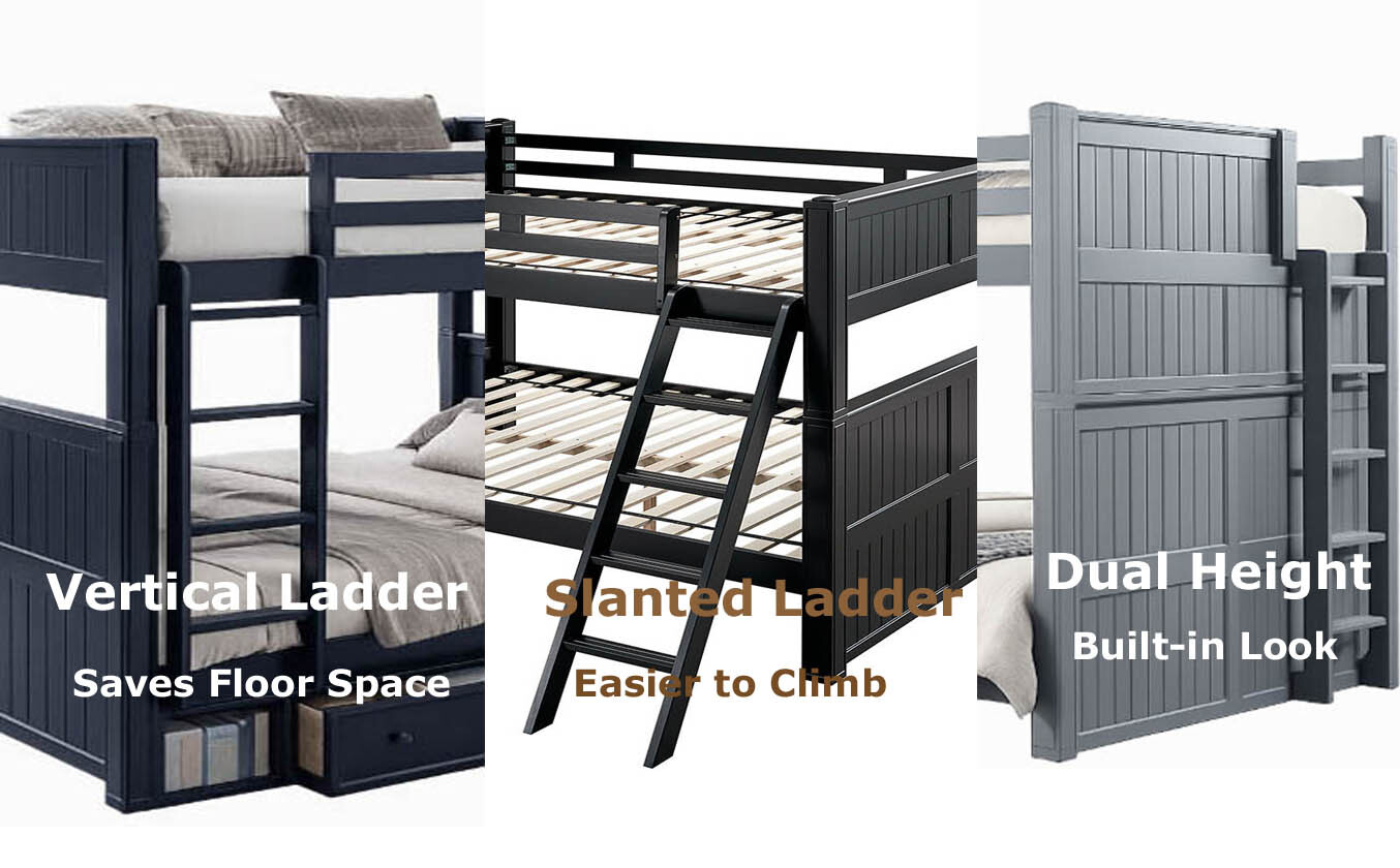 Comparison of vertical, slanted, and dual-height ladder options available for heavy-duty hardwood bunk beds.