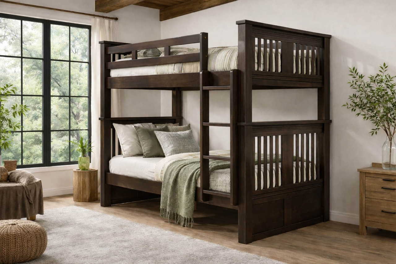 Gary Twin XL hardwood bunk bed in espresso featuring classic mission-style headboards and heavy-duty solid wood construction.
