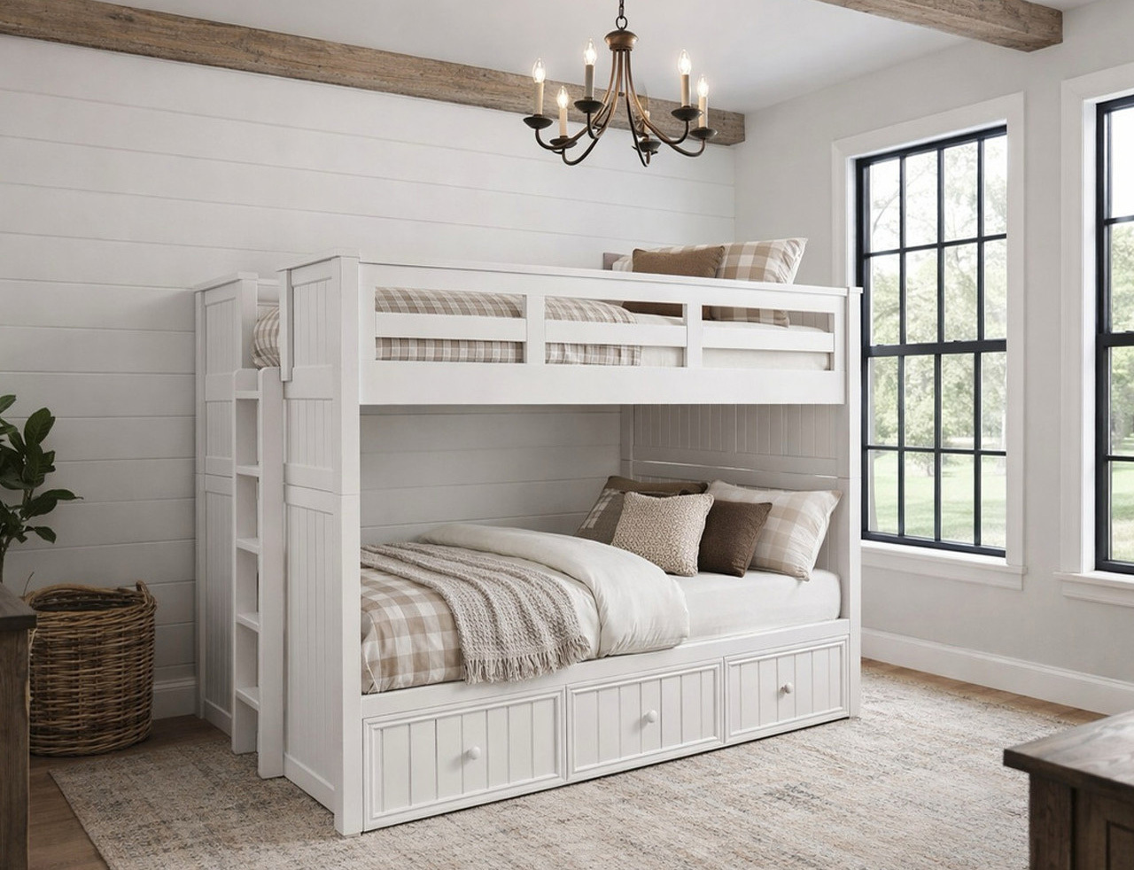 Austin Twin XL hardwood bunk bed in white featuring beadboard panels, clean farmhouse styling, and optional under-bed storage drawers.