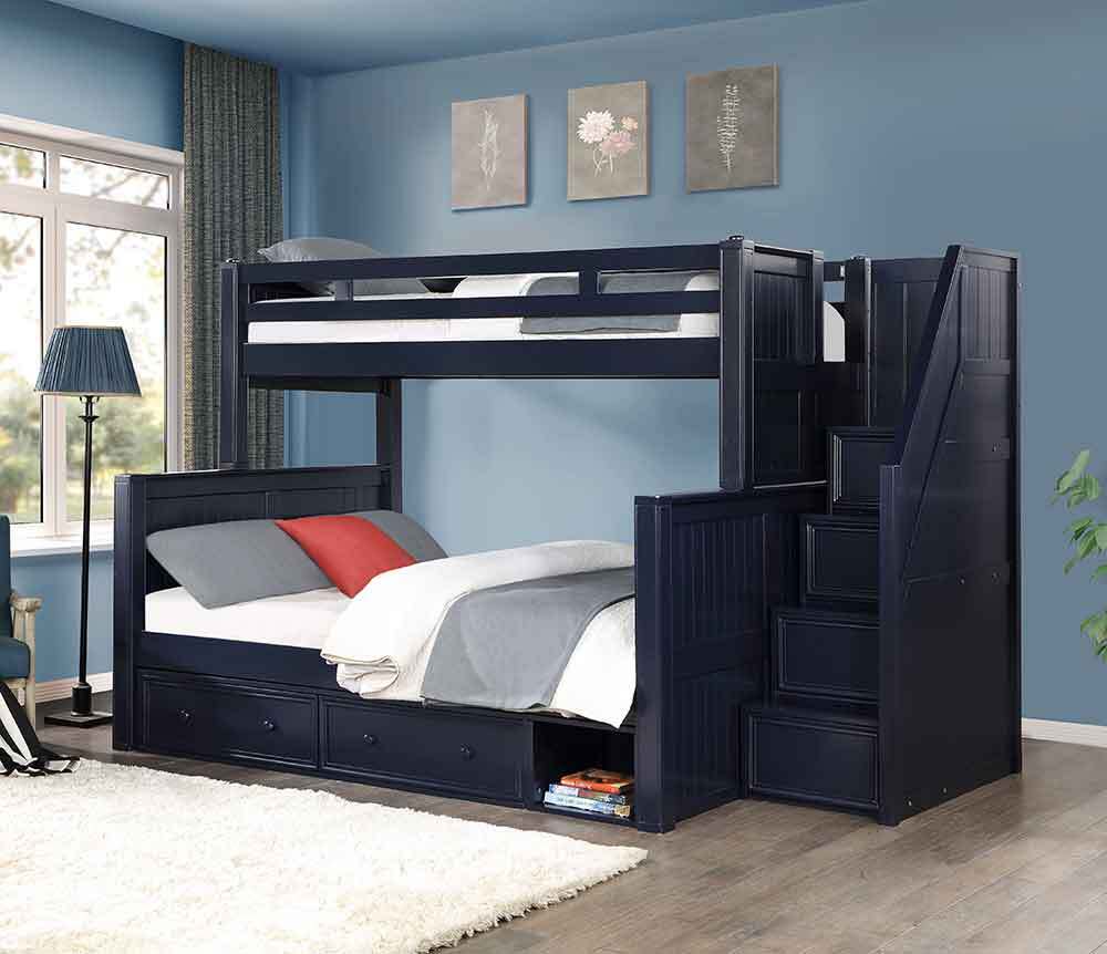 Staircase bunk bed with deep storage drawers, a solid wood frame, and a stylish navy finish