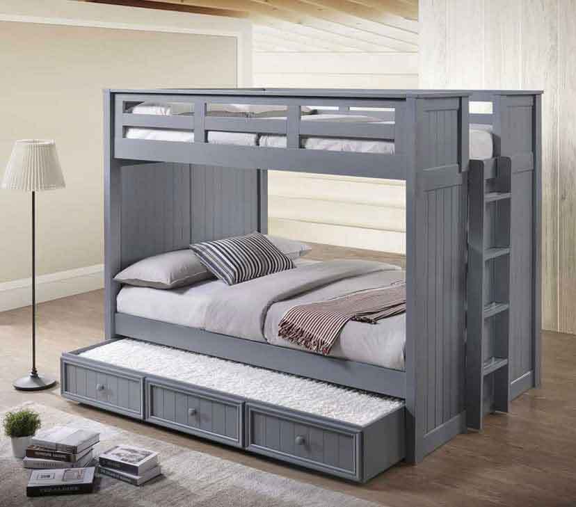 Full-size gray adult bunk bed featuring vertical ladder access and under-bed trundle