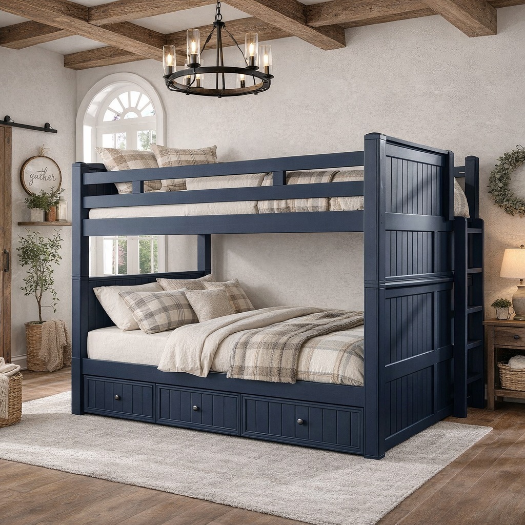 Heavy duty queen over queen bunk bed in blue