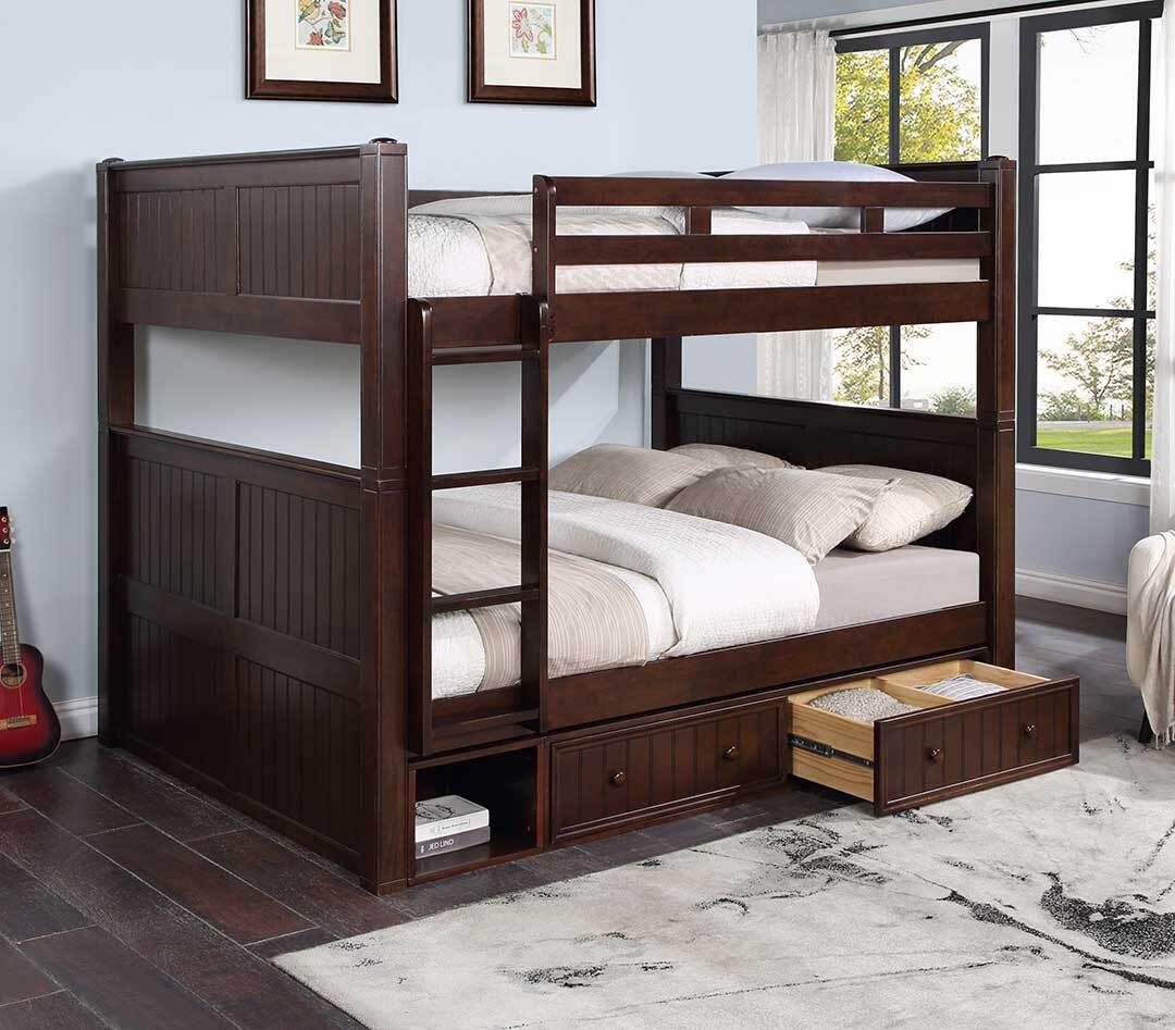  Navy blue full-over-full bunk bed with built-in storage drawers
