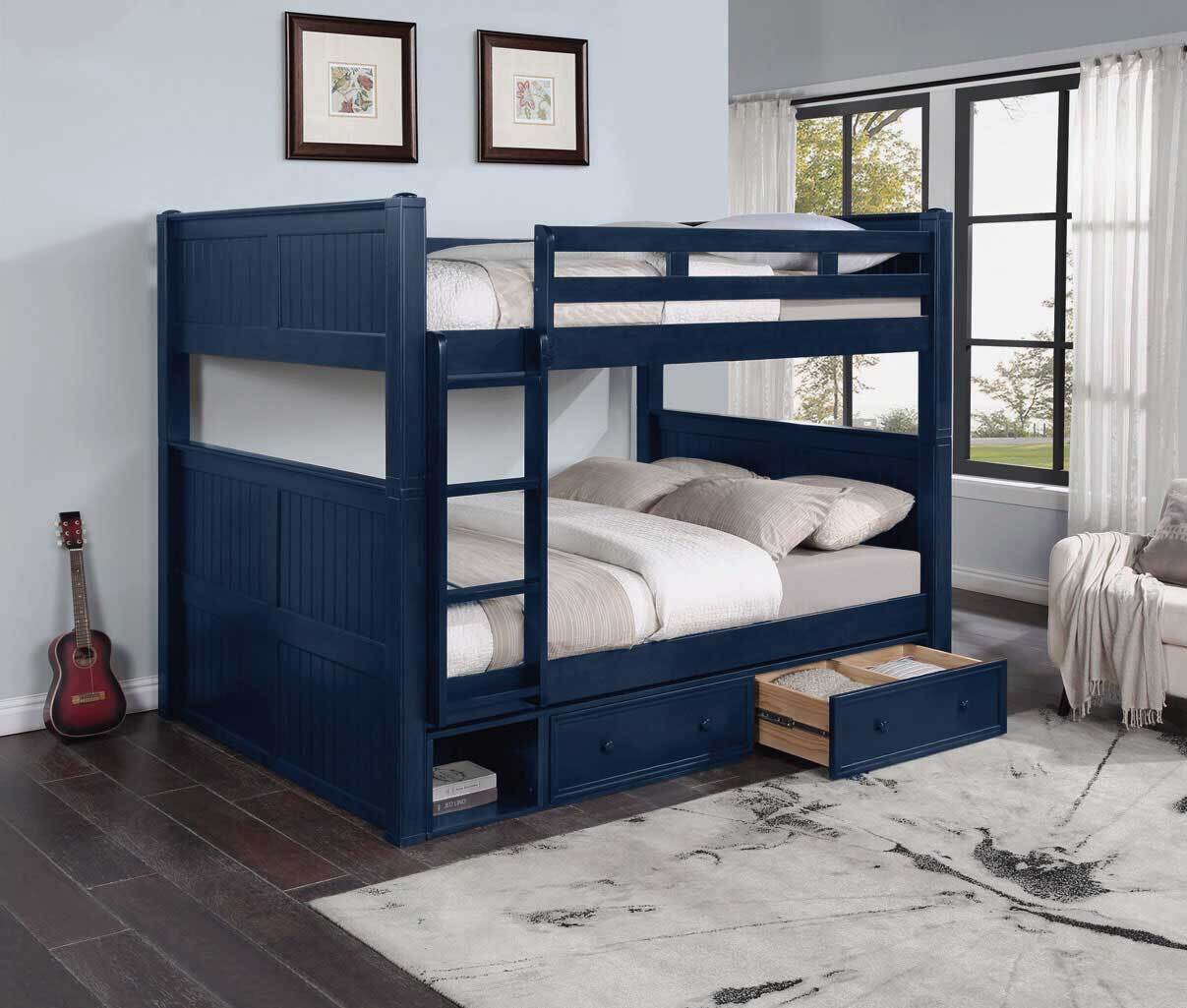 Rich espresso bunk bed with integrated storage drawers and a built-in ladder