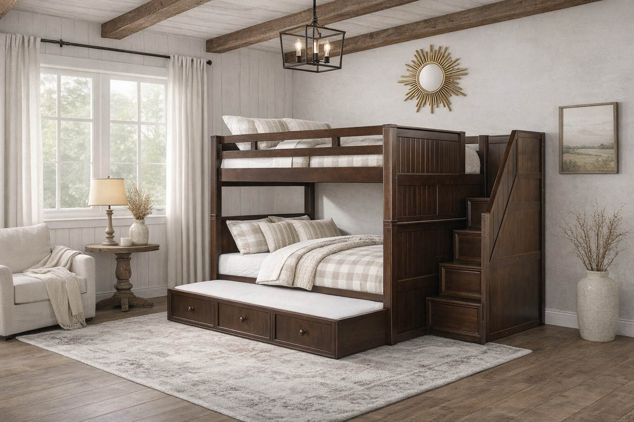 Dillon Queen bunk bed heavy duty in espresso witrh storage stairs