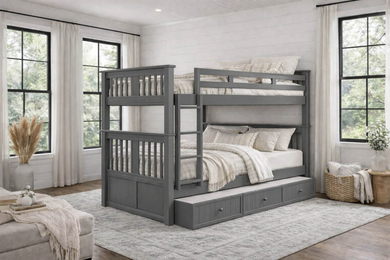 Dillon gray full bunk bed with vertical ladder and open trundle Dillon Full bunk bed gray with vertical ladder and trundle that is open