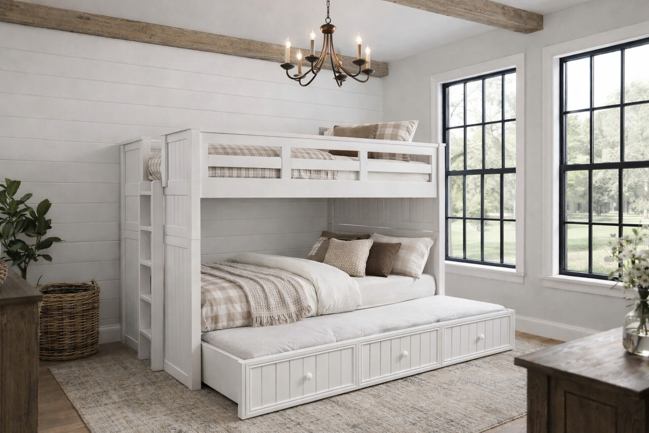 White bunk bed with pull-out trundle and vertical end ladder White bunk bed with pull-out trundle and vertical end ladder