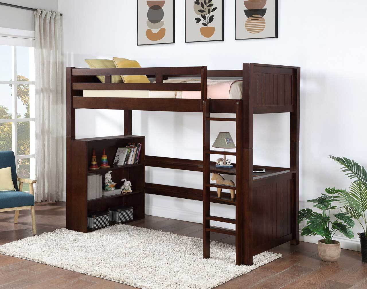 Espresso-finished loft bunk bed featuring a built-in storage bookshelf and sturdy ladder, combining sleeping and workspace functionality.