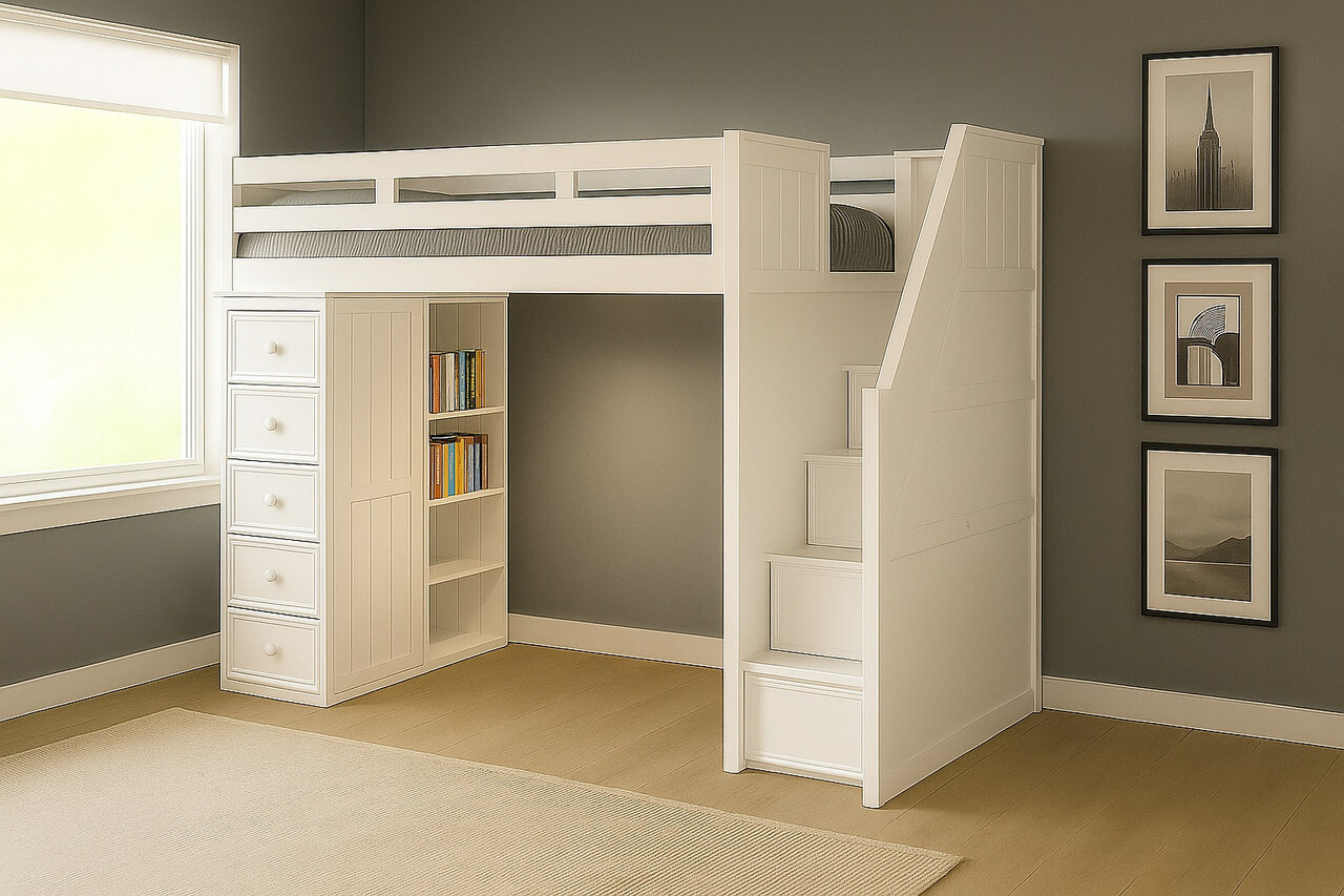 White Loft Bed with Stairs and Storage