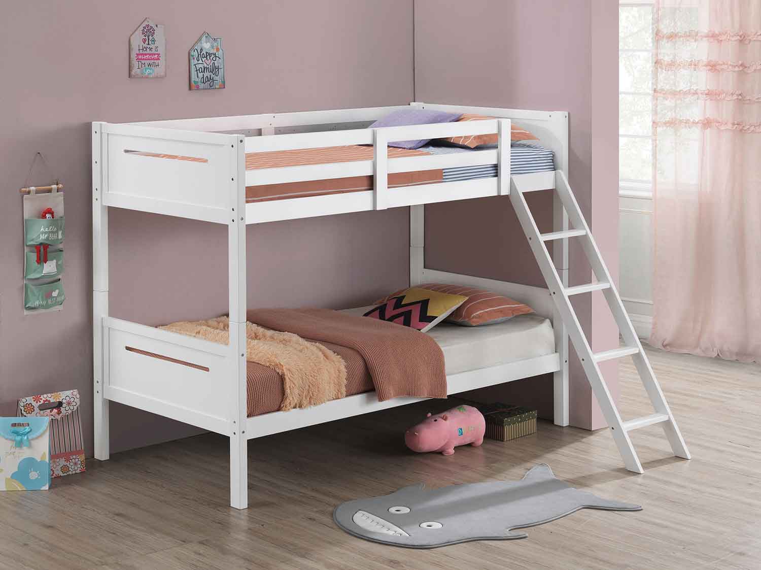 Modern White Bunk Bed with Safety Rails and Compact Design
