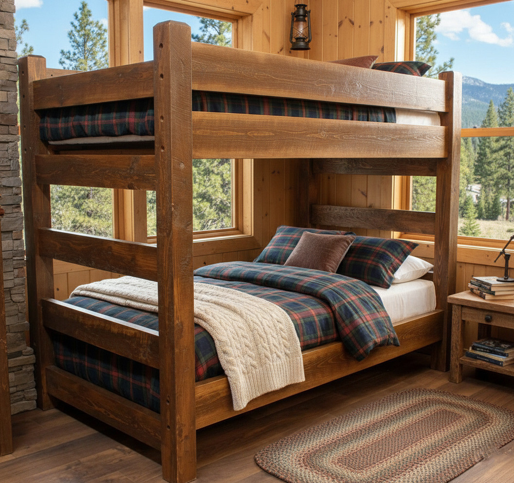 Lodge Barnwood Full XL over Full XL bunk bed for cabins