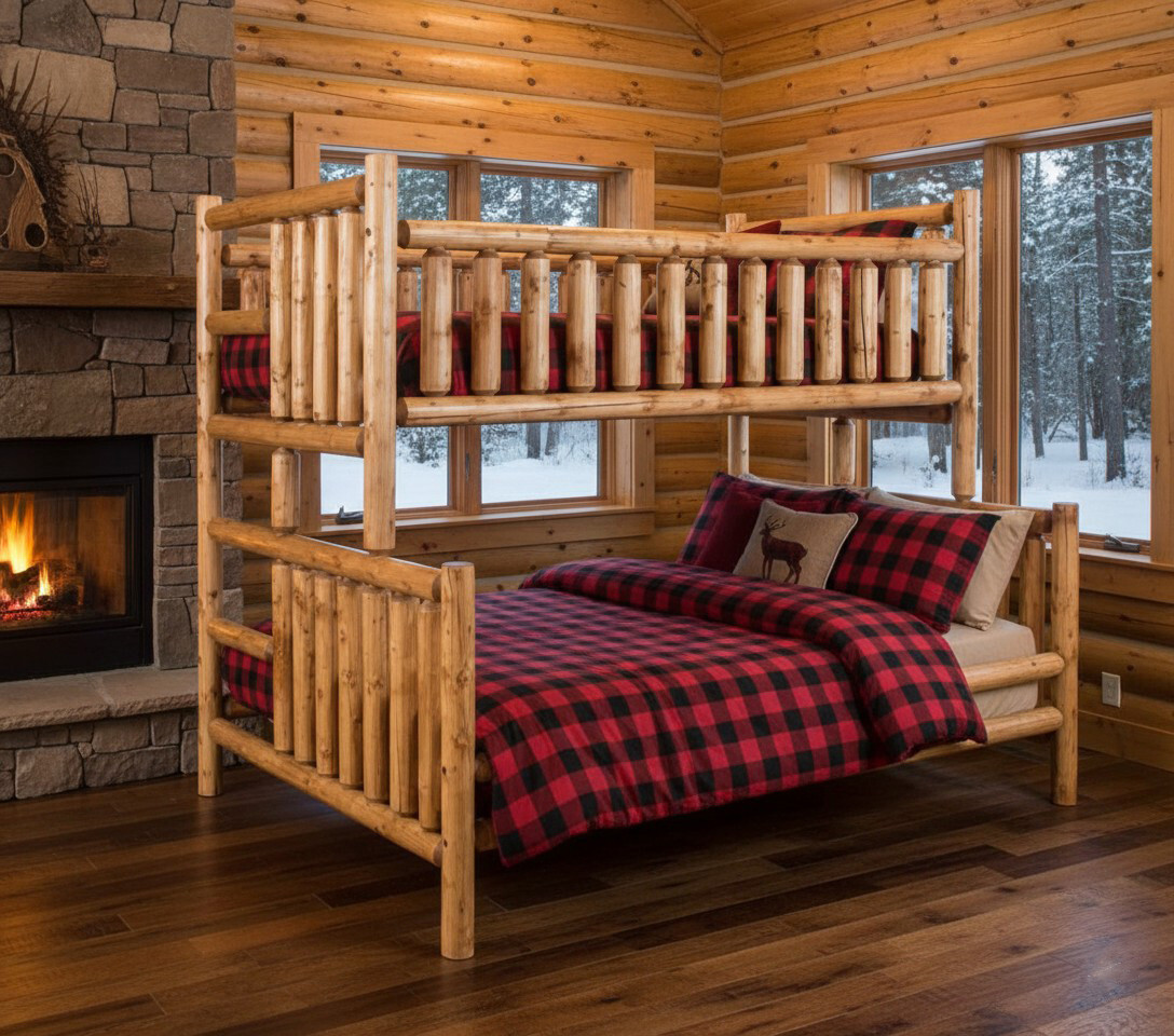 Log twin over queen bunk bed for adults and vacation homes