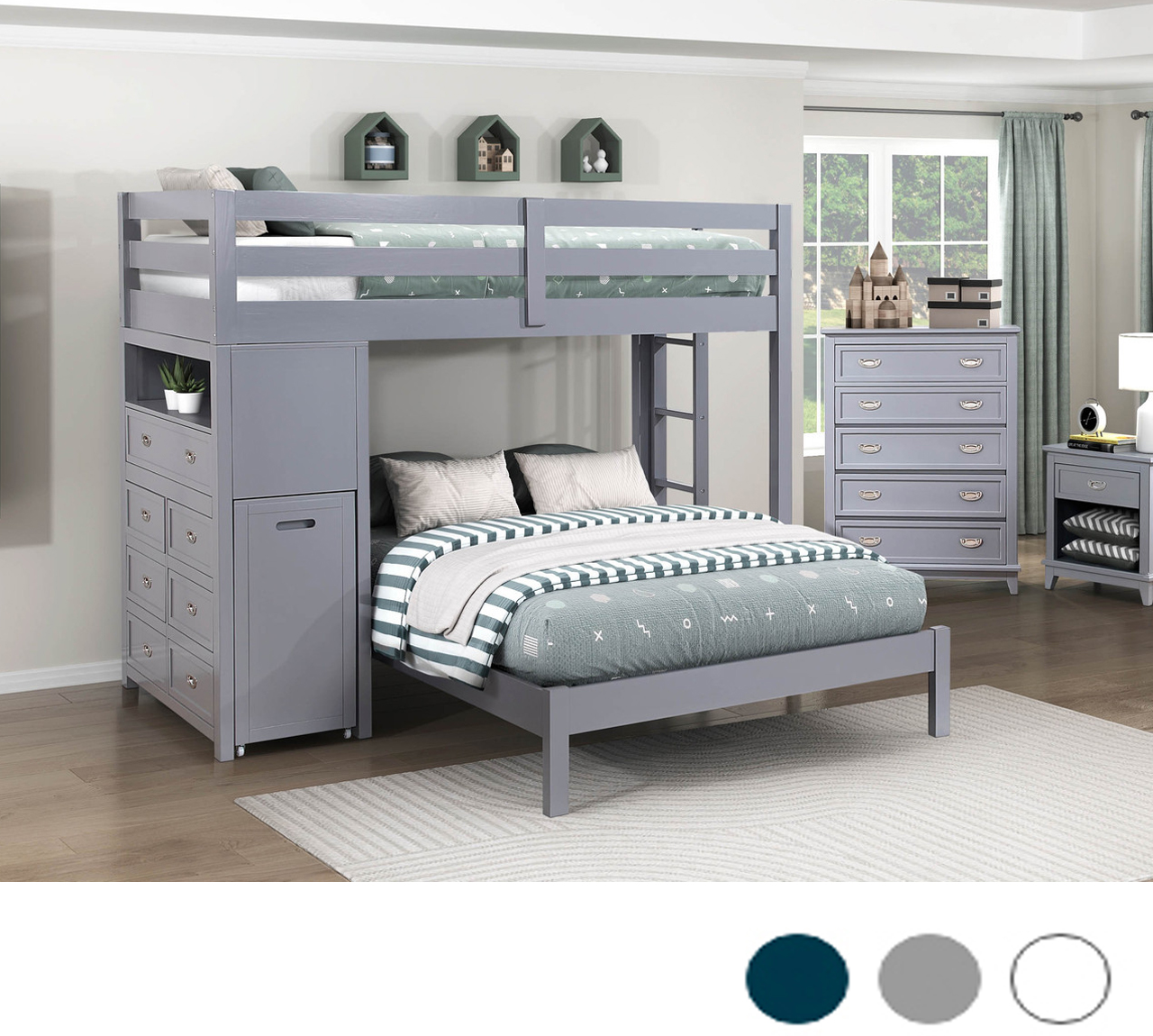 Brooks Twin Full Loft Bunk Bed w/ Chest and Hidden Desk
